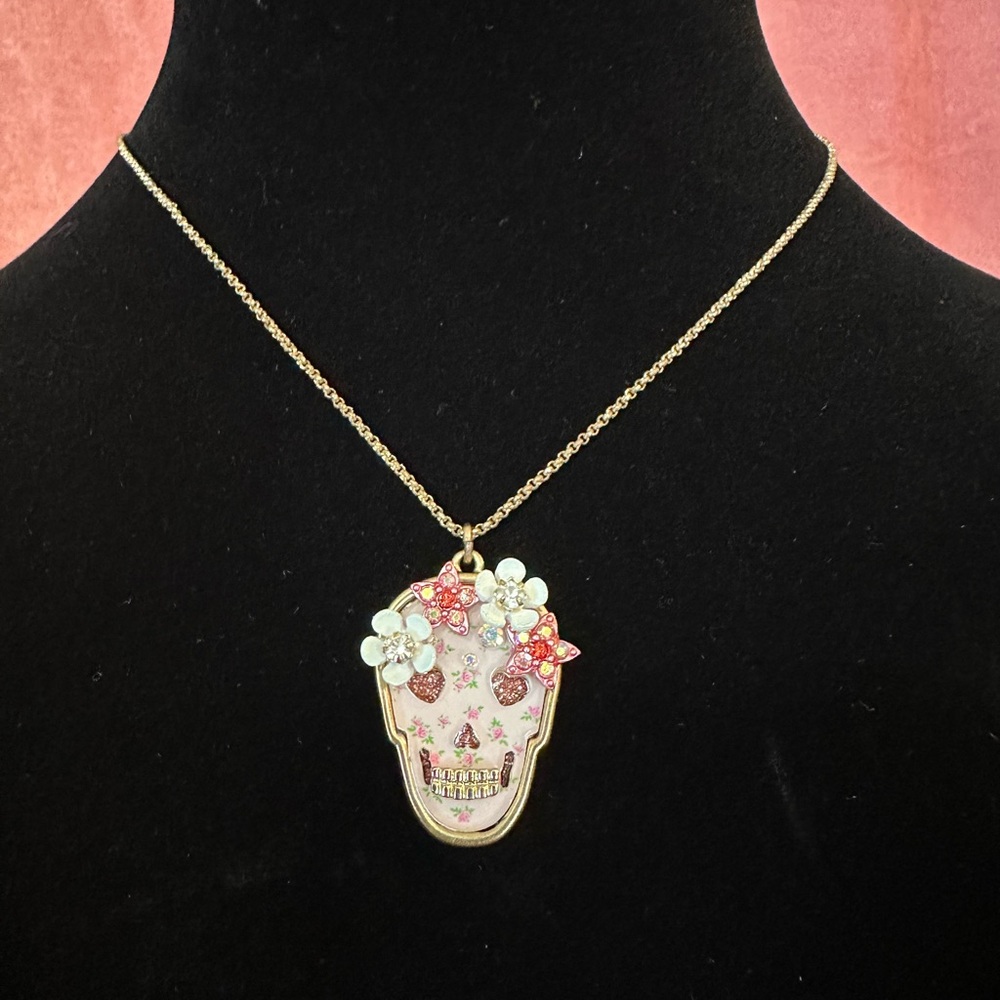 Betsey Johnson Pink Floral Sugar Skull Necklace